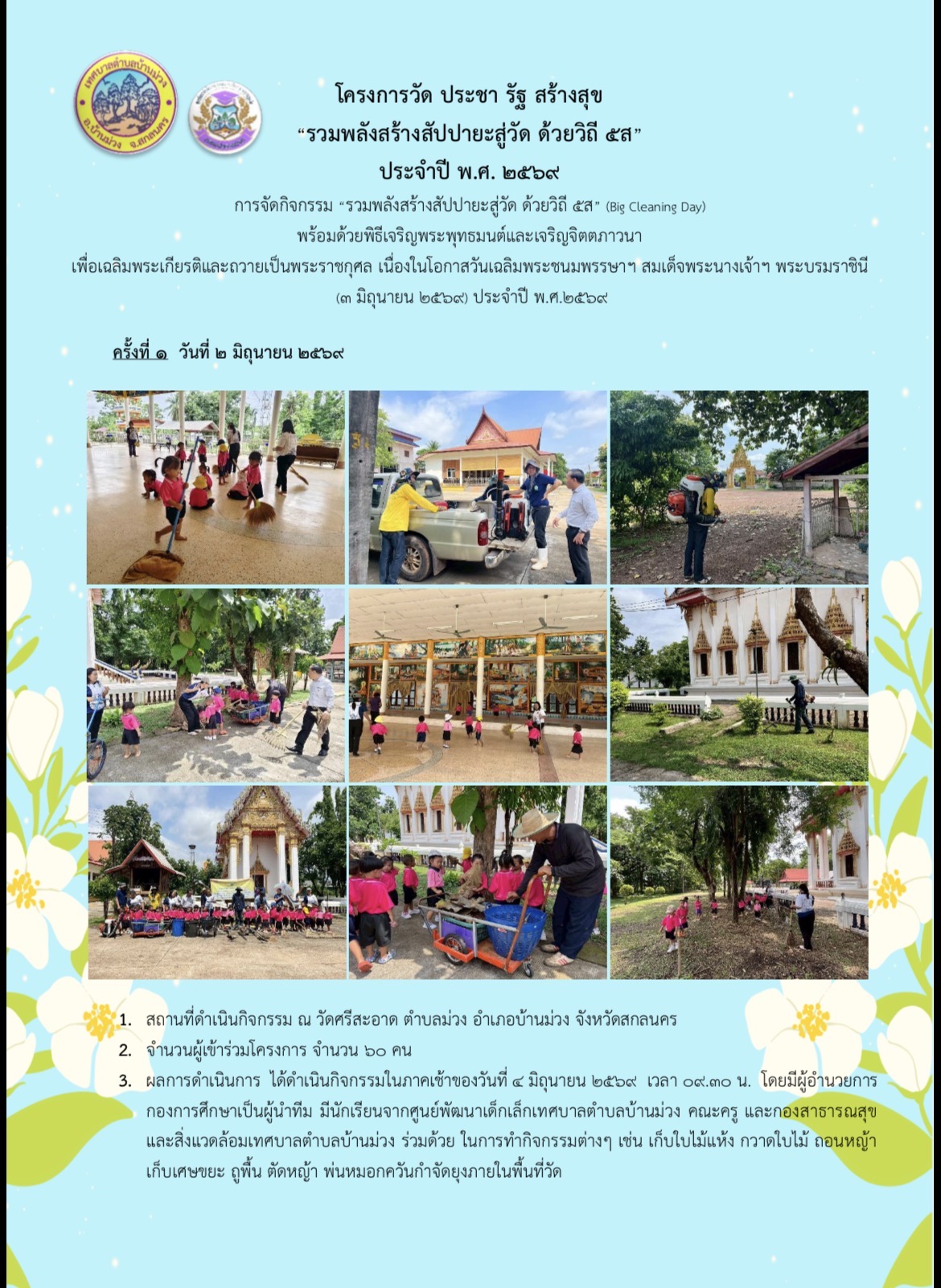 ประชาสัมพันธ์ โครงการวัด ประชา รัฐ สร้างสุข “รวมพลังสร้างสัปปายะสู่วัด ด้วยวิถี 5 ส (Big Cleaning Day)