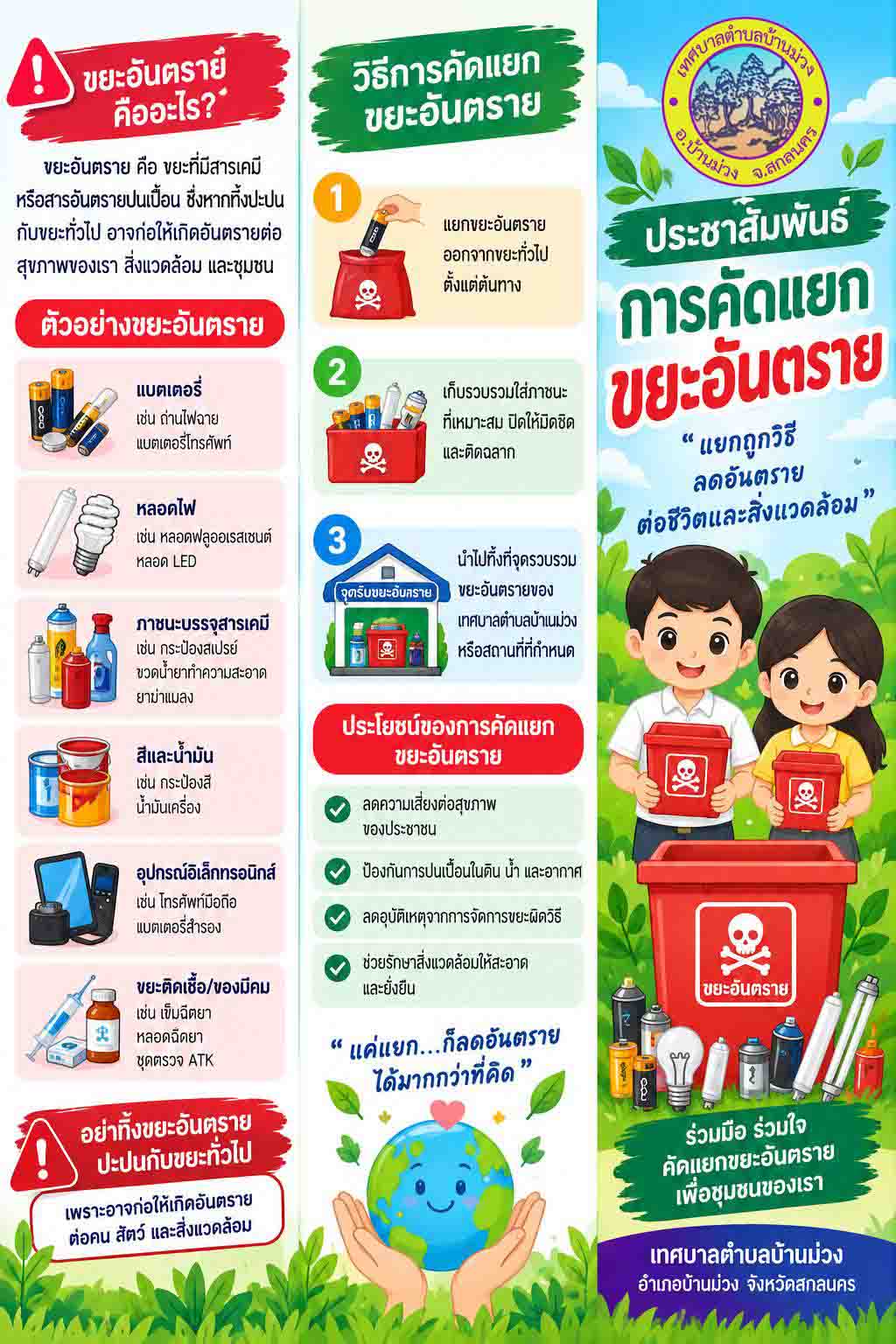 ประชาสัมพันธ์ การคัดแยกขยะอันตราย แยกขยะให้ถูกวิธี ลดอันตรายต่อชีวิตและสิ่งแวดล้อม